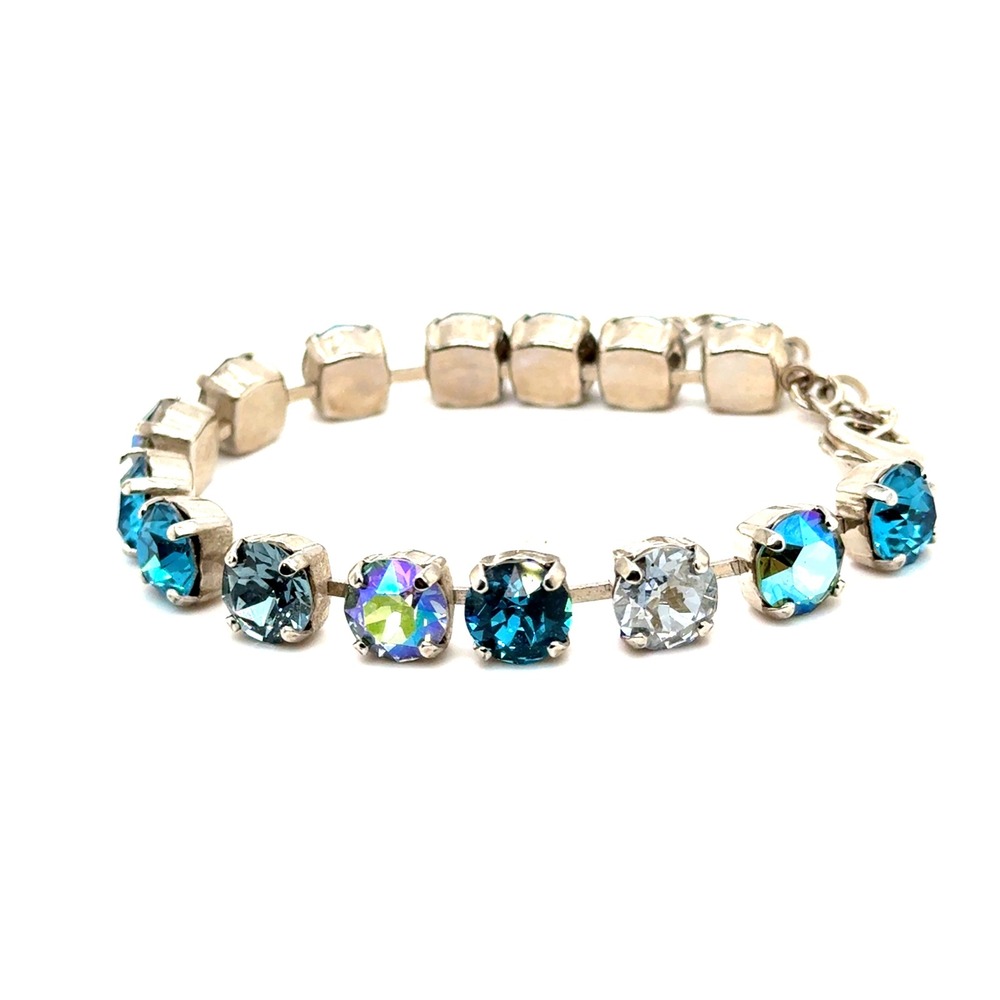 Blue Crystal Tennis Bracelet Silver Tone Adjustable 7-9 Inch Aurora Borealis - Picture 3 of 10